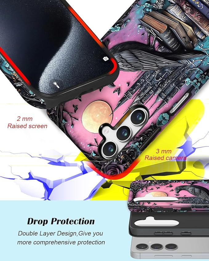 Compatible for Samsung Galaxy A57 5G Case, Dual Layer Heavy Duty 2 in 1 Shockproof Protective Phone Case,Black Raven Bird Rose Book Skulls