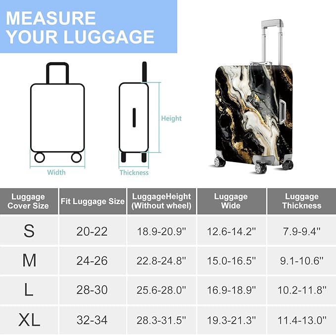 ANNA QUEEN Black White Gold Marble Luggage Cover- Stretchable, Water Resistant & Durable Suitcase Protector, Universal Washable Fit for 20-22 Inch Checked Baggage