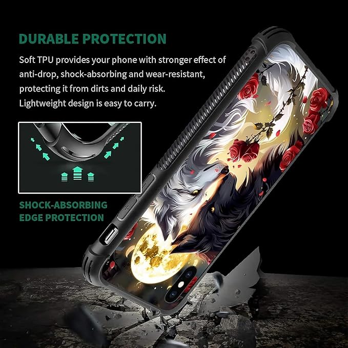 for iPhone Xs Max Case, Black White Wolf Moon Flower Rose Pattern Graphic Design Girl Boy Soft Silicone Hard Acrylic Shock Protection for iPhone Xs Max