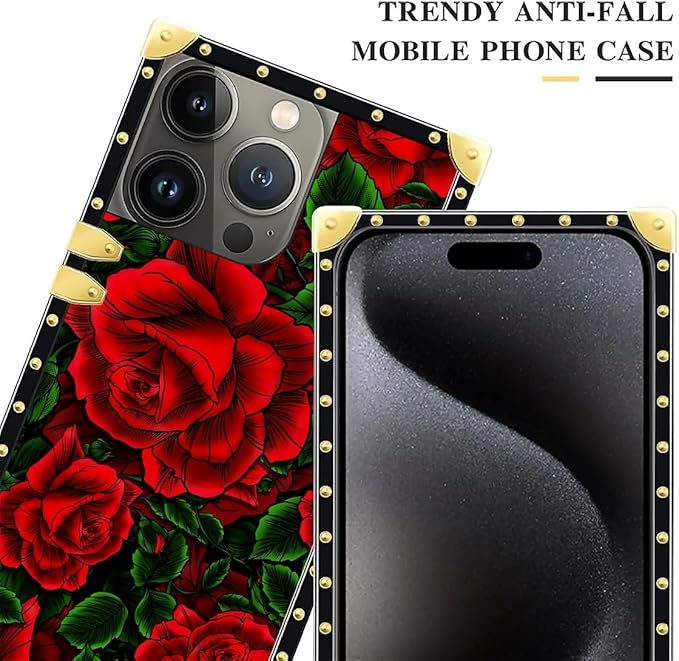 Compatible with iPhone 16 Pro Case, Vector Red Rose Green Leaf Luxury Golden Decoration for Girl Women Soft TPU Shockproof Protective Hard PC Back