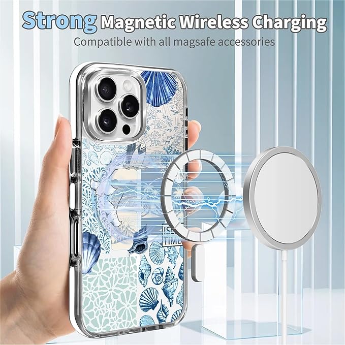 Case for iPhone 16 Pro Max,[Compatible with MagSafe],Sea Life Ocean Waves Seashell Collage Phone Case Design，for Women Girls Magnetic Clear Cover - Slim, Sleek, & Shockproof Protection
