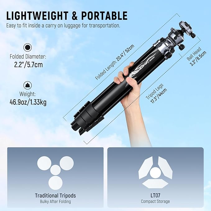 NEEWER LITETRIP LT07 61" Aluminum Travel Tripod for Camera w Pan Tilt Low Profile Ball Head, Arca QR Plate Compatible with PD Tripod Plate, Dual Center Axis, Phone Holder, Max Load 22lb