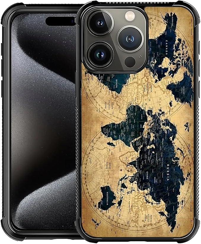 for iPhone 16 Pro Case, Brown World Map Pattern Graphic Design Girl Boy Soft Silicone Hard Acrylic Shock Protection for iPhone 16 Pro