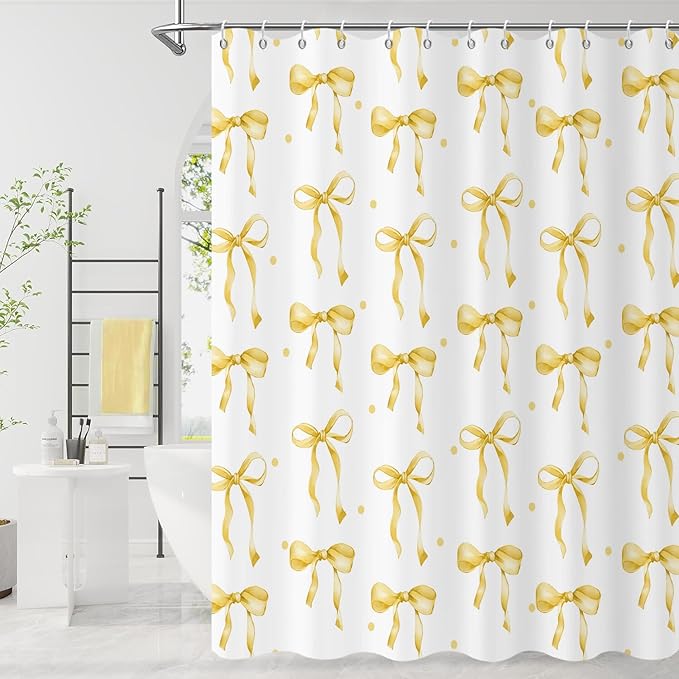 Yellow Bow Shower Curtain, Yellow and White Modern Aesthetic Bowknot with Polka Dot Cute Girly Bathroom Curtain Waterproof Fabric Machine Washable with Hooks, 72" Wx84 L