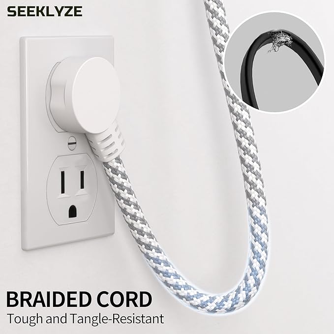16 Gauge Braided Extension Cord 6 FT, 16/3 Flat Plug Power Cord Indoor, 3 Prong White Extension Cable Flexible for Home Dorm Room Essentials, 13A 125V 1625W, ETL Listed