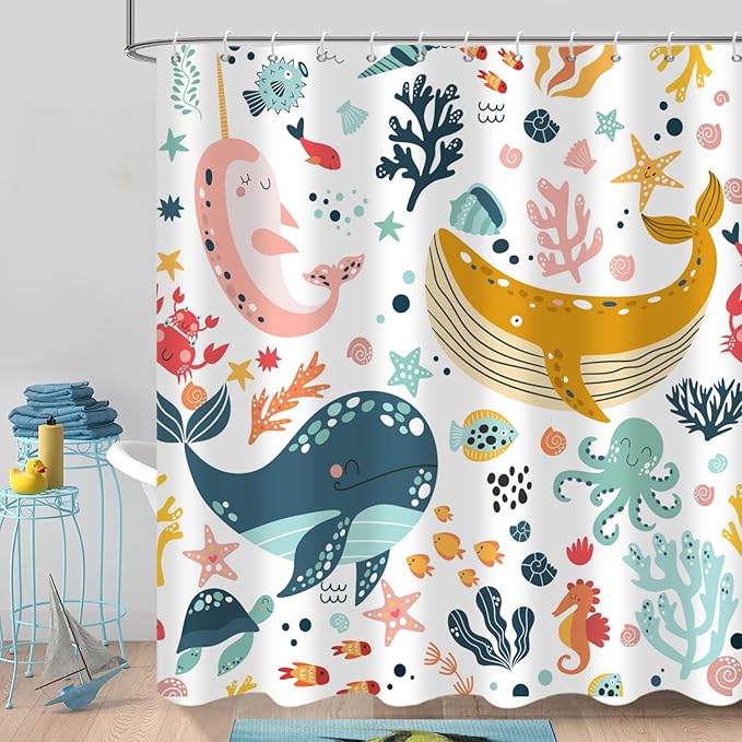 Kids Whale Shower Curtain, Funny Cute Ocean Fish Cartoon Sealife Under Sea Coral Starfish Bath Curtain Waterproof Fabric Machine Washable with Hooks, 65" Wx72 L