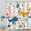 Kids Whale Shower Curtain, Funny Cute Ocean Fish Cartoon Sealife Under Sea Coral Starfish Bath Curtain Waterproof Fabric Machine Washable with Hooks, 72" Wx72 L