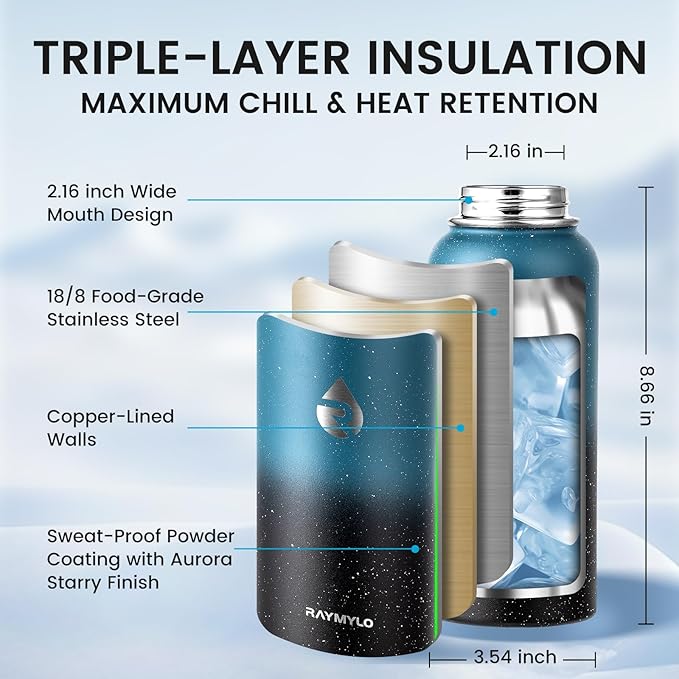 RAYMYLO Insulated Water Bottle 32 oz, Triple Wall Vacuum Stainless Steel (Cold for 24Hrs, Hot for 12Hrs), Leak Proof & Non-BPA, Modern Water Flask Jug with Paracord Handle & Straw Spout Lids