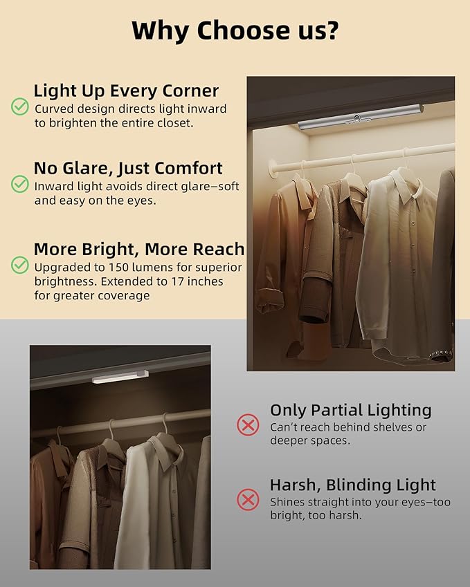 EZVALO 17-Inch Motion Sensor Closet Lights, 3600mAh Rechargeable Battery LED Cabinet Lights, 150 Lumens No-Glare Curved, 3 Color Temps & Dimmable Pantry Lights for Wardrobe, Shelves - 2 Pack