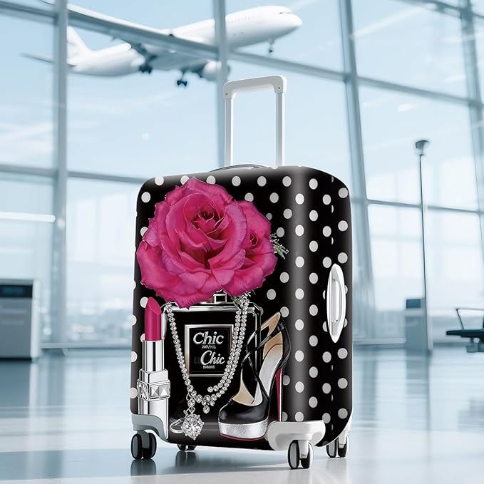 ANNA QUEEN Vintage Polka Dot Rose Travel Luggage Cover -Stretchable Airplane Suitcase Protector Sleeve,Universal Washable Fit for 28-30 Inch Checked Baggage,Water Resistant Durable Luggage Protector