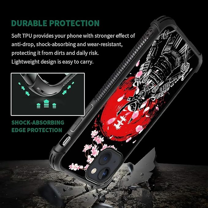for iPhone 15 Plus Case, Sakura Japanese Samurai Pattern Graphic Design Girl Boy Soft Silicone Hard Acrylic Shock Protection for iPhone 15 Plus