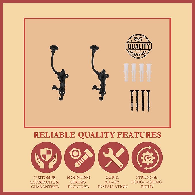 Mystic Colonial Rustic Cast Iron Wall Hooks – Heavy Duty Vintage Utility Hooks for Hanging Coats, Towels, Bags, Robes, Hats & More – Large Decorative Wall Mount Hanger, Pack of 10, Black