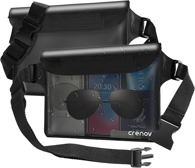Waterproof Bag for Beach, Waterproof Pouch for Phone Passport Purse, Fanny Packs for Women, Floating Dry Bags for Cruise Ship Travel Water Park Surfing Boating Fishing Black 2 Pack