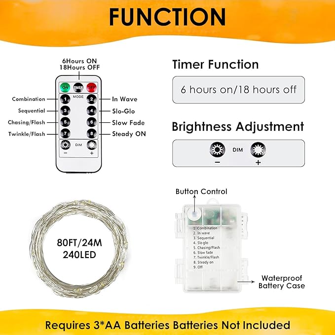 4Pack 240LED Christmas Fairy Lights Battery Operated with Remote, Waterproof String Lights with Timer for Indoor & Outdoor, Twinkle Lights Battery Power for Bedroom Christmas Decorations(Warm White)