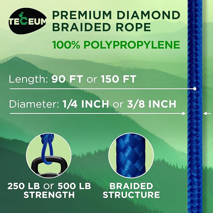 TECEUM Rope – 90 Feet x 3/8 Inch (10mm) – Blue – Strong All-Purpose Utility Rope – Camping, Crafting, Flag Pole, Indoor & Outdoor – Polypropylene Nylon Poly Lightweight Diamond Braided Cord