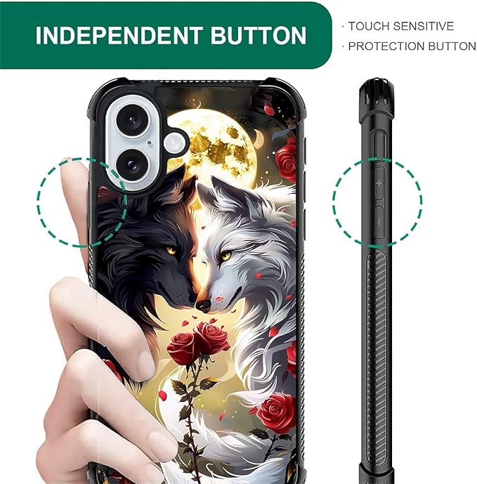 for iPhone 16 Case, Black White Wolf Moon Flower Rose Pattern Graphic Design Girl Boy Soft Silicone Hard Acrylic Shock Protection for iPhone 16