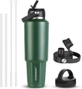 HYDROWION 32 oz Insulated Water Bottle, Car Water Bottle Holder - Double Wall Vacuum Insulated Travel Bottle with Straw Lid, Spout Lid and Flex Cap - Cold for 24H, Hot for 12H, Olive