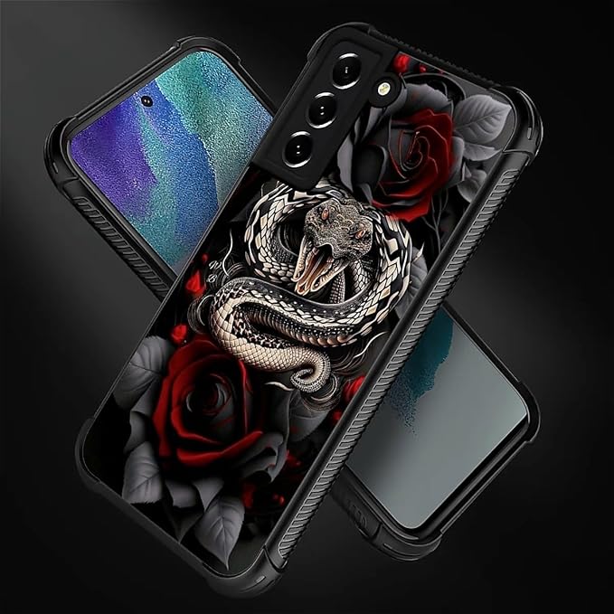 for Samsung Galaxy S21 Case, Entwined Rose Snake Pattern Graphic Design Girl Boy Soft Silicone Hard Acrylic Shock Protection for Samsung Galaxy S21