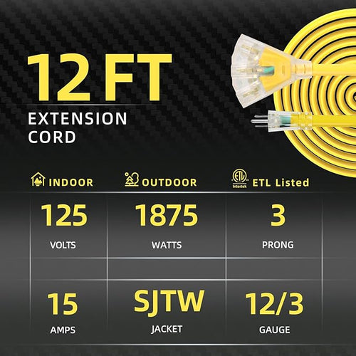 12FT 12 Gauge Heavy Duty Outdoor Extension Cord Waterproof with 3 Outlets Splitter & Lighted End, SJTW 15A 1875W 3 Prong Weatherproof Electric Cable Multi-Plug 3 way Power Cord, ETL Listed for Outside