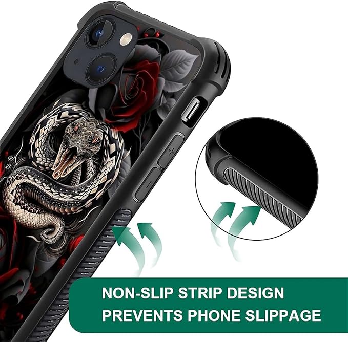 for iPhone 13 Case, Entwined Rose Snake Pattern Graphic Design Girl Boy Soft Silicone Hard Acrylic Shock Protection for iPhone 13