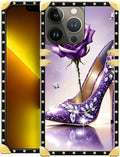 Compatible with iPhone 13 Pro Case, High Heeled Purple Diamond Rose Luxury Golden Decoration for Girl Women Soft TPU Shockproof Protective Hard PC Back for iPhone 13 Pro