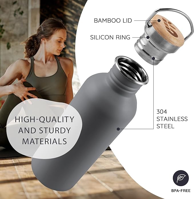 Bambaw 16 oz Water Bottle no Straw, Gray Single Wall Stainless Steel Water Bottle, Non-insulated Reusable Water Bottle BPA Free 16 oz, Small Water Bottle with Handle – Stormy Gray