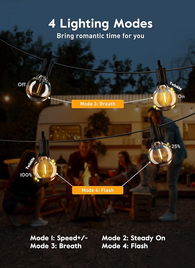 Brightown Outdoor String Lights with Remote and Zip Ties, 58Ft Dimmable Patio Lights with 25 Bulbs, Waterproof Hanging Lights for Porch Backyard Bistro Cafe Market