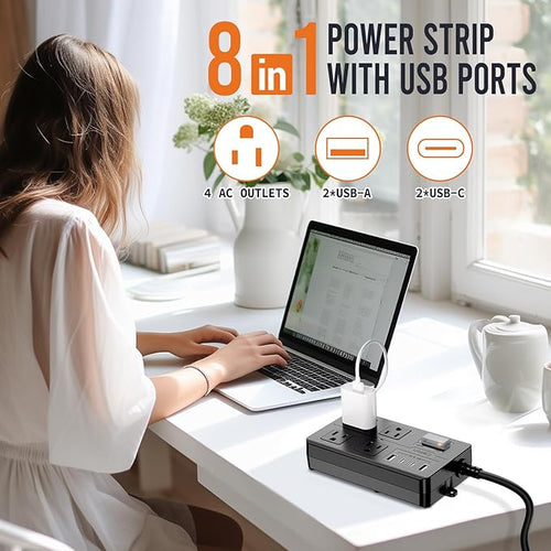 10FT Outdoor Waterproof Power Strip Surge Protector with 4AC Outlets 4USB Ports Power Switch Safety Lock, ETL Certified for Patio Garden Charging
