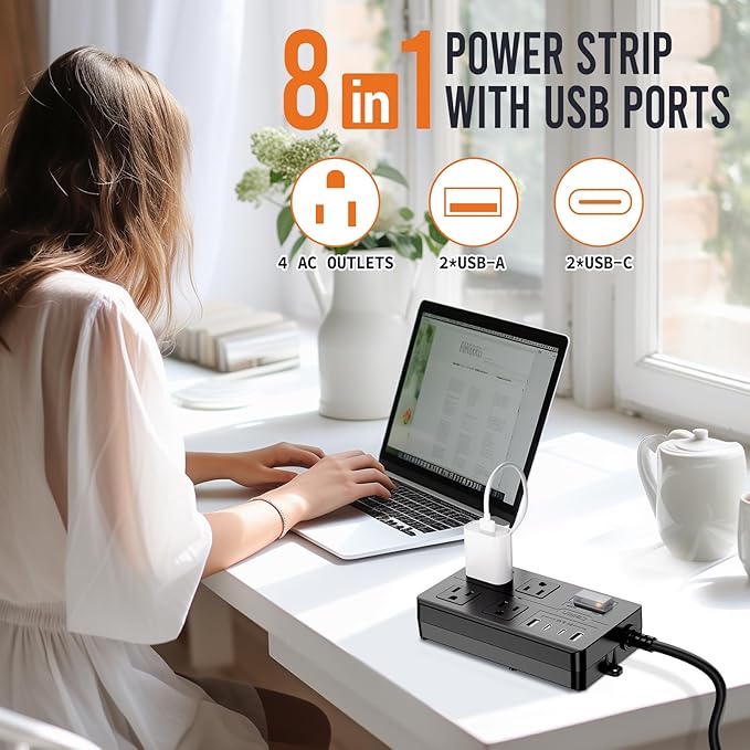 15FT Outdoor Waterproof Power Strip Surge Protector with 4AC Outlets 4USB Ports Power Switch Safety Lock, ETL Certified for Patio Garden Charging