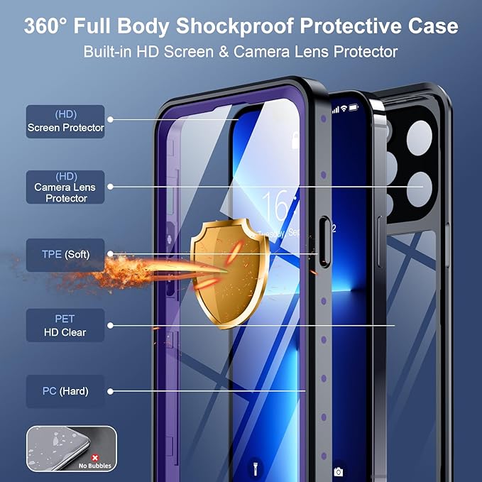 SPIDERCASE for iPhone 13 Pro Max Case Waterproof, Built-in Lens & Screen Protector, Full Heavy Duty Protection, 12FT Military Shockproof, Dustproof, Anti-Scratched Phone Case,Purple