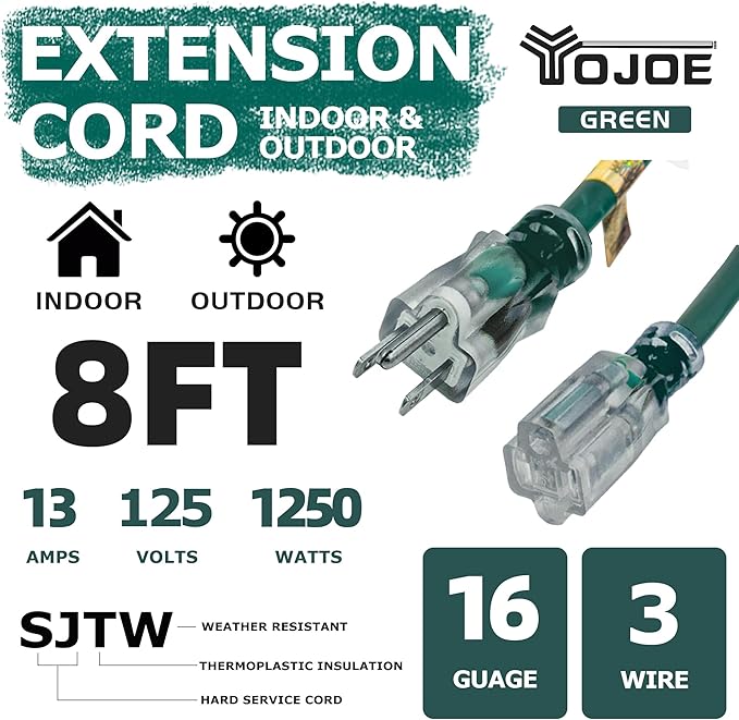 YOJOE Indoor Outdoor Extension Cord with Lighted End, 3 Prong 13A Weatherproof Power Cord, 16 Gauge Heavy Duty 8 ft Green Extension Cord for Garage, Garden and Home, 16/3 SJTW UL Listed