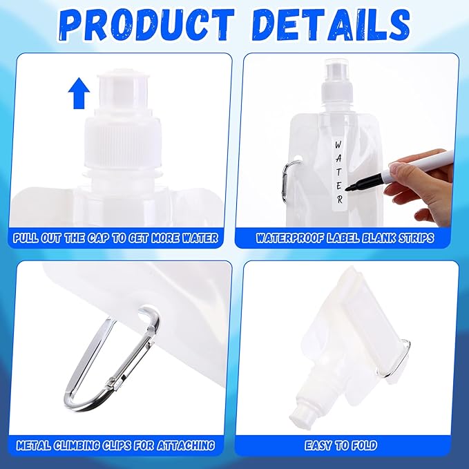 Teenyyou 48 Pack Collapsible Water Bottles Bulk 16oz Foldable Water Bottles with Carabiner Reusable Drinking Leak Proof Container Bags for Sport Biking Hiking Camping Travel Outdoor (White)