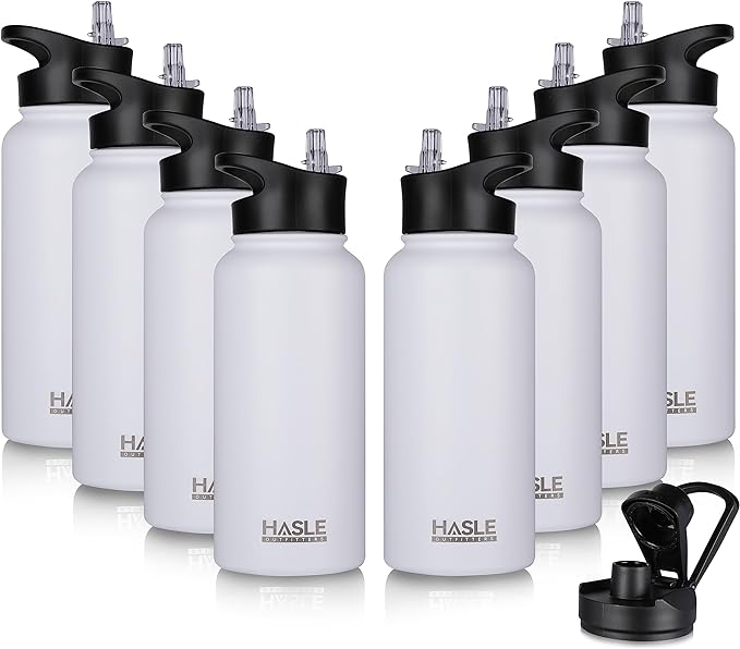 HASLE OUTFITTERS 32 oz Insulated Water Bottle Stainless Steel Double Walled Vacuum Sports Water Bottle with 2 Lids (Straw and Spout Lid) for Gym Camping Hiking(White,8)