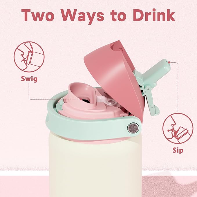 32 oz Insulated Water Bottle with Straw: Meoky Stainless Steel Metal Water Bottle with 2-in-1 Lid - Leak Proof, Cold for 24 Hours, Protective Silicone Base, BPA-Free for Sports Gym, Cream