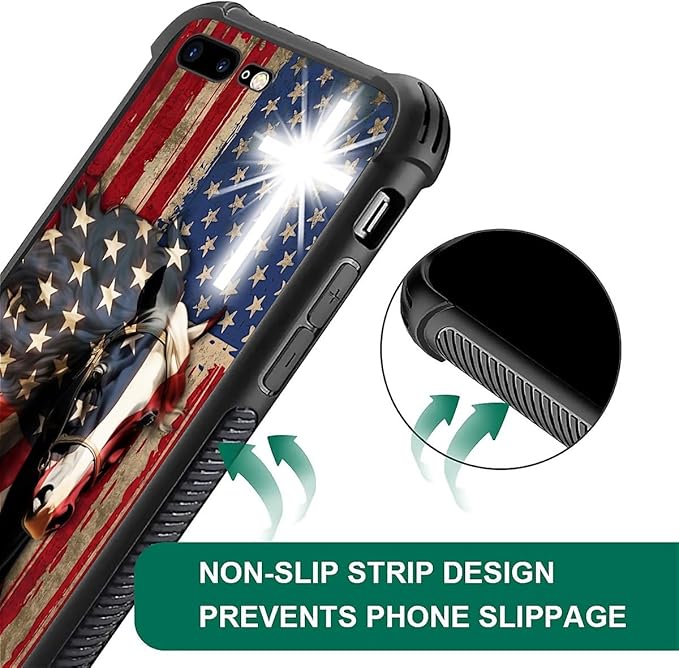 Case for iPhone 7 Plus/8 Plus, Red American Flag Horse Cross Pattern, Soft Silicone Hard Acrylic for Shock Protection
