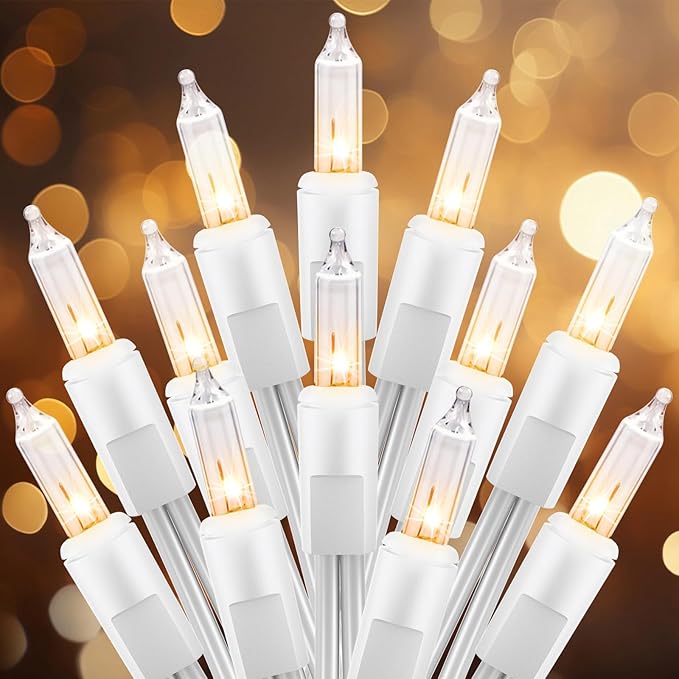 Brightown 50 Count Warm White Christmas Lights, Clear Mini Incandescent Lights on White Wire, Christmas Tree String Lights for Indoor Outdoor Decorations（10ft）