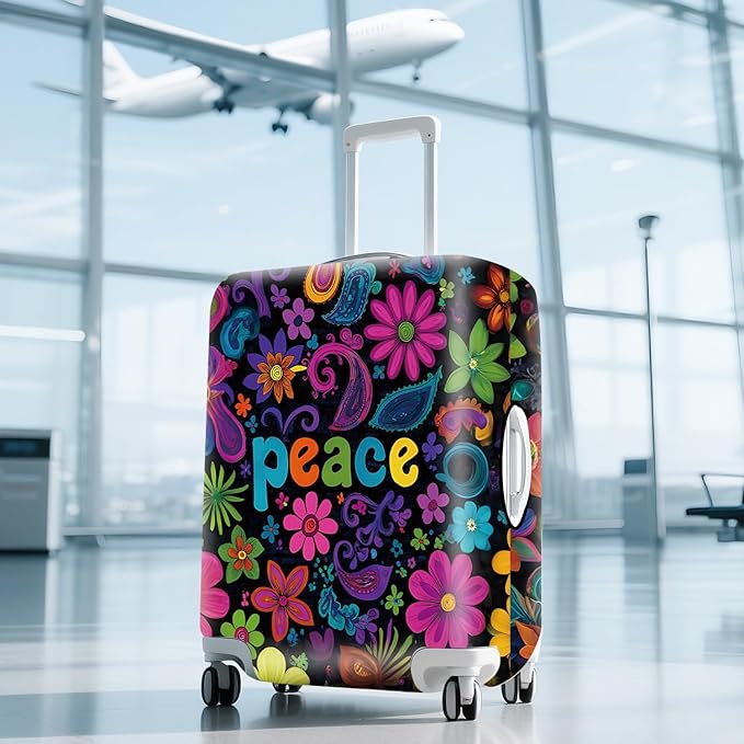 ANNA QUEEN Peace Flowers Travel Luggage Cover -Spring Stretchable Airplane Suitcase Protector Sleeve,Universal Washable Fit for 32-34 Inch Checked Baggage,Water Resistant Durable Luggage Protector