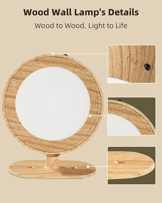 LED Wall Mounted Lights, 2 Pack Rechargeable Wall Sconce Lamps, 3 Color Temps & Remote and Touch, 360° Rotation Dimmable Cordless Wall Light for Study Bedroom Reading Bedside (Wood)