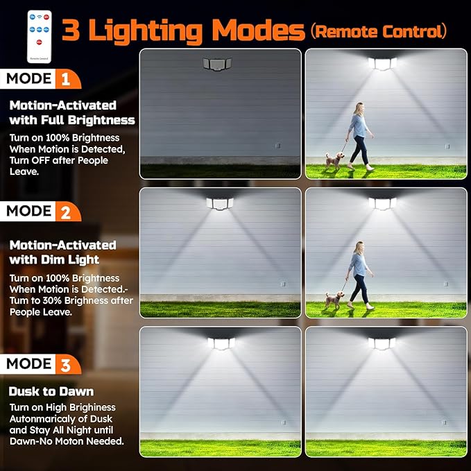 CLAONER 20W 3000LM LED Security Motion Sensor Outdoor Floodlights, 6500K Daylight Remote Control, 3 Modes Dusk to Dawn, Waterproof 3 Heads Hardwired Flood Light for Driveway, Garage, Porch(2 Pack)