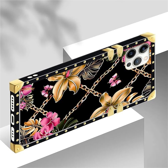 Compatible with iPhone 12 12 Pro Case, Pink Golden Chain Tropical Flower Luxury Golden Decoration for Girl Women Soft TPU Shockproof Protective Hard PC Back for iPhone 12 12 Pro
