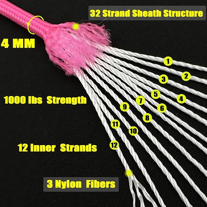 VVAAGG 1000 Paracord Rope, 50ft 12 Strand Parachute Cord for Crafting, DIY Projects, Survival Bracelets,Camping, Tent,Outdoor Hiking, Fishing (Pink, 50FT)