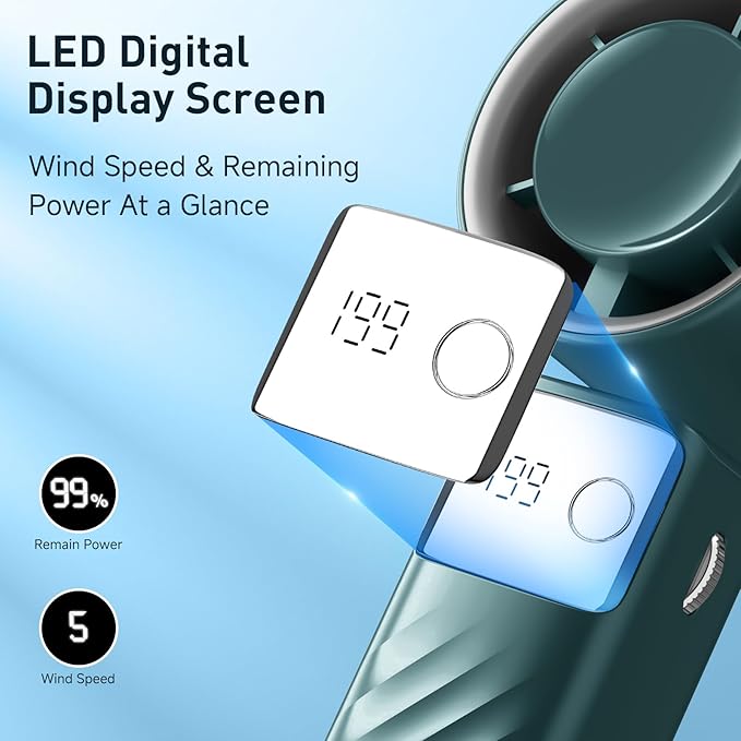 YOSHENMO Portable Handheld Turbo Fan - Foldable Mini Fan with Air Turbo Tech, 1-199 Speed Adjustment, 20H Runtime, LED Display, Battery-Powered for Indoor/Outdoor Use Dark Green