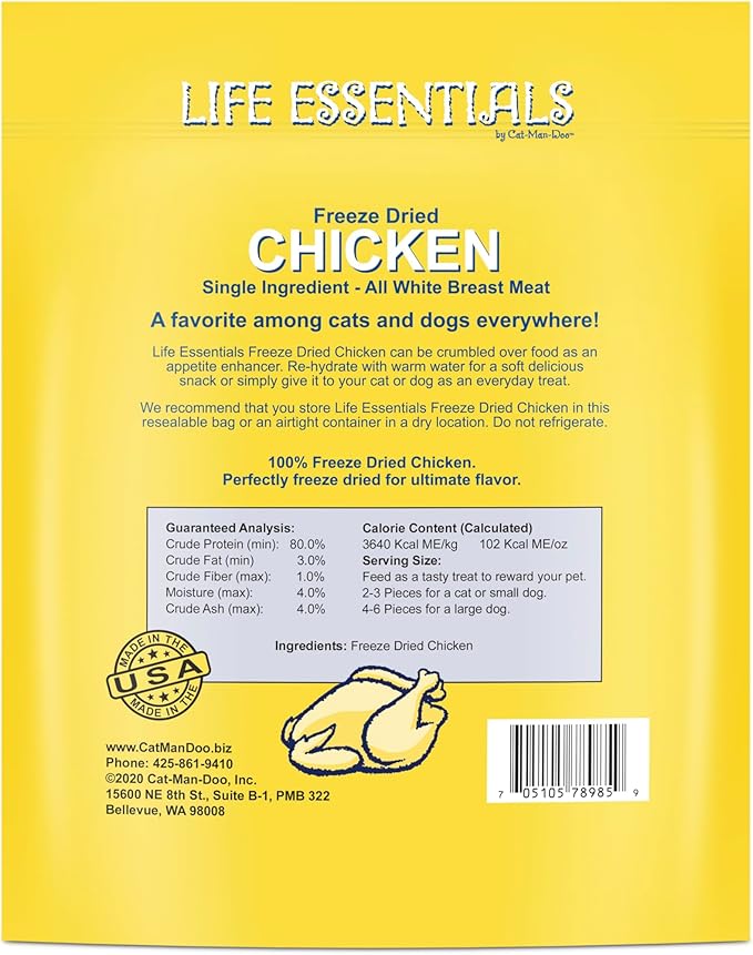 Life Essentials by Cat-Man-Doo | Chicken - 2 Pack of 5oz. Bags | Freeze Dried Chicken Cat & Dog Treats | Healthy, Single Ingredient, Training Treats, High Protein