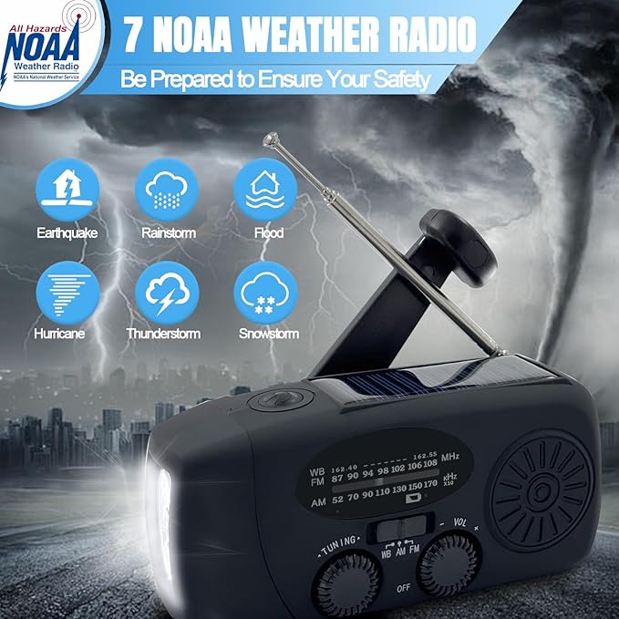 Emergency Hand Crank Weather Radio, AM/FM NOAA Portable Solar Radio with 2000mAh Battery Phone Charger, SOS Alarm & Survival Flashlight for Indoor/Outdoor, Emergency, Hurricane (Black)