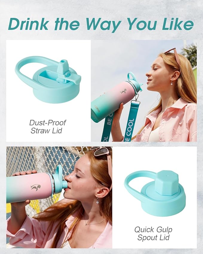Coolflask Water Bottle with Straw, 32 oz Insulated Metal Water Flask with Straw & Spout Lids, Stainless Steel Double Wall Vacuum, Keep Cold 48h Hot 24h, Leak Proof, BPA-Free, Bubblegum Princess