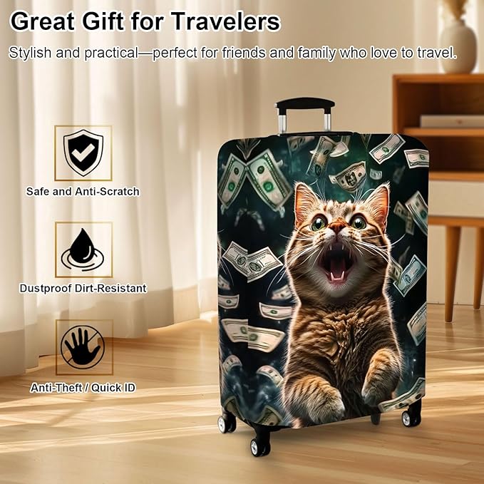 Luggage Cover Protector for 19-20 Inch Suitcases, TSA Approved Elastic Travel Suitcase Covers, Anti-Scratch Washable Luggage Sleeve for Carry On & Checked Bags, Excited Cat