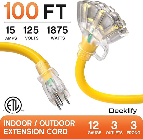 100ft 12 Gauge Heavy Duty 3 Outlet Extension Cord Splitter with Indicator, Waterproof Outdoor Extension Cord with Multiple Outlets, 15A 1875W for Garden, ETL Listed, Flexible Yellow SJTW