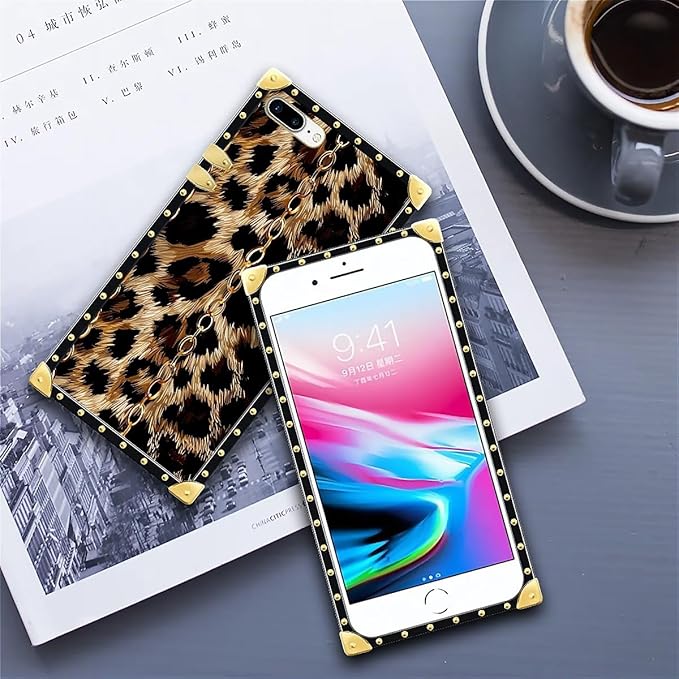 Compatible with iPhone 8 Plus 7 Plus Case, Seamless Gold Chain Leopard Luxury Golden Decoration for Girl Women Soft TPU Shockproof Protective Hard PC Back for iPhone 8 Plus 7 Plus
