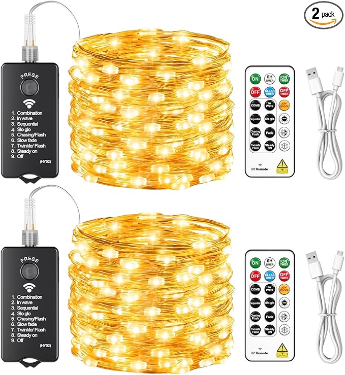 HXWEIYE 2-Pack 33FT 100LED Fairy Lights Battery Operated (Included) with Remote & Timer, 8 Modes Rechargeable Twinkle String Lights Indoor Outdoor Waterproof for Bedroom Wedding Classroom, Warm White