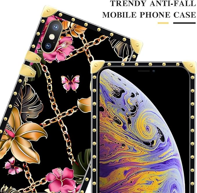 Compatible with iPhone Xs Max Case, Pink Golden Chain Tropical Flower Luxury Golden Decoration for Girl Women Soft TPU Shockproof Protective Hard PC Back for iPhone Xs Max